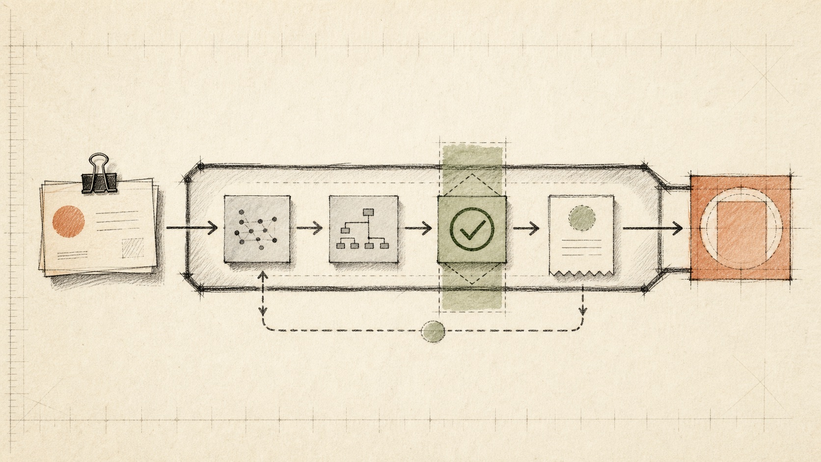 Field sketch of an intent contract, validation gate, evidence receipt, and human decision around an agent lane.