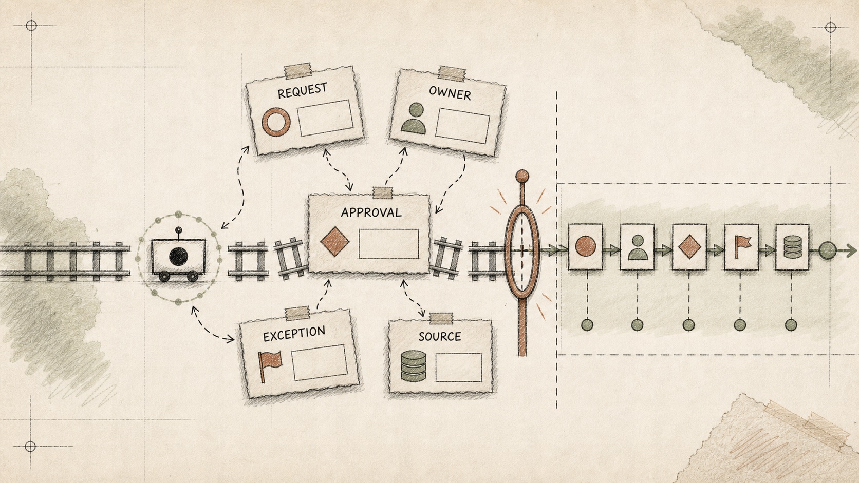 Field sketch of an agent waiting for task cards to become an explicit workflow path.